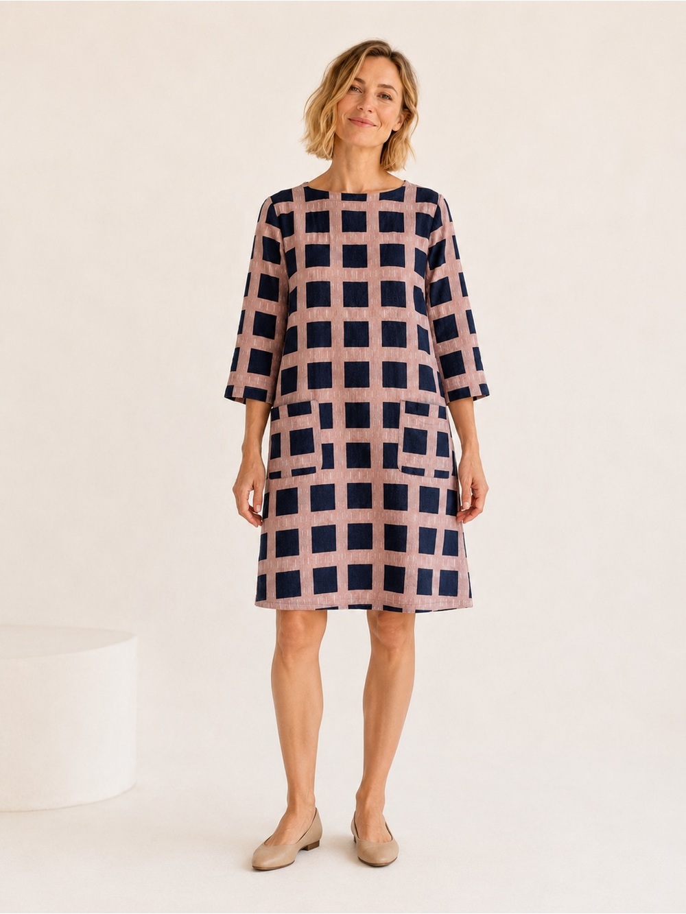 Marimekko Akilina Pink Navy Geometric Cotton Shift Dress 36 US 4 6